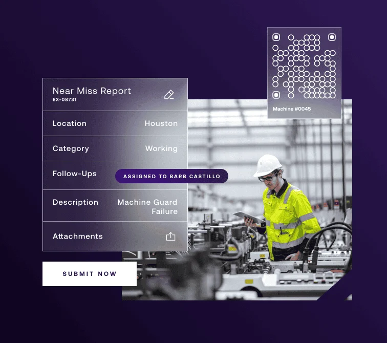 A worker in safety gear inspects machinery in a factory; an overlay displays a near miss report with location, category, follow-up, and description details.