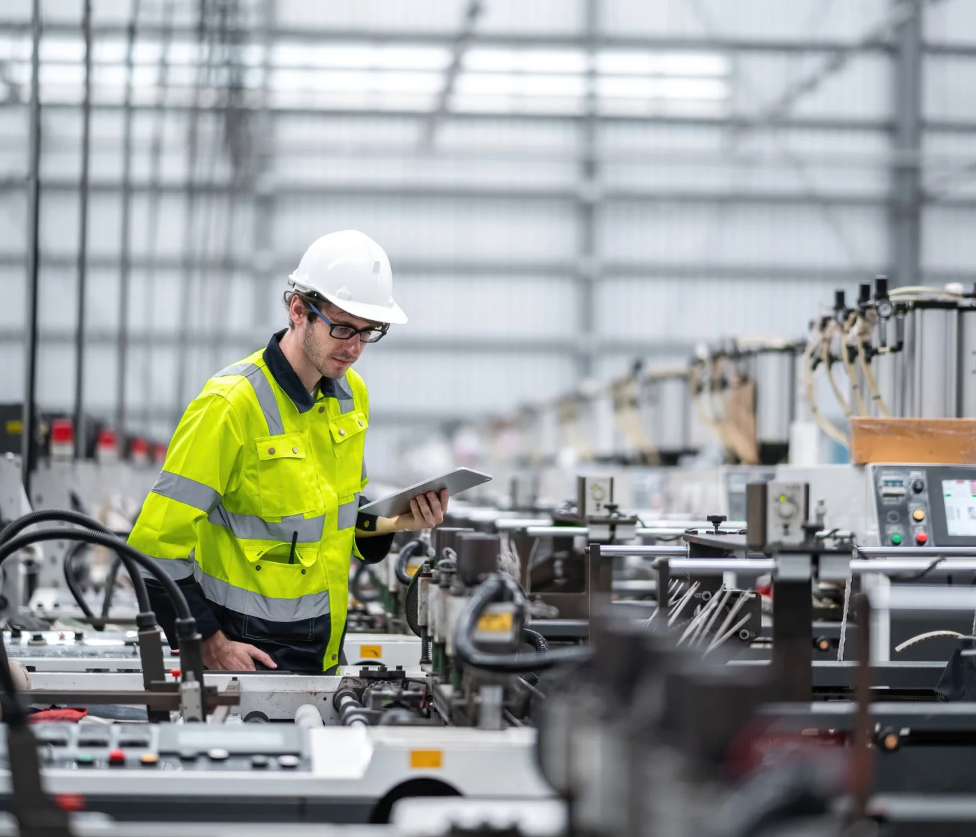 Engineers working at Heavy industry Manufacturing Factory, Manufacturers Engineer inspection or maintenance equipment at production line in plastic manufacturers factory. Machine and productivity.