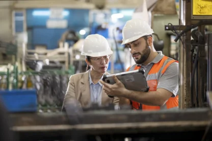 Boosting Employee Engagement and Workplace Culture in Manufacturing Industry. Manager and Production Control Engineers focus on and discuss the welding assembly process of an auto parts production line to improve process and quality.