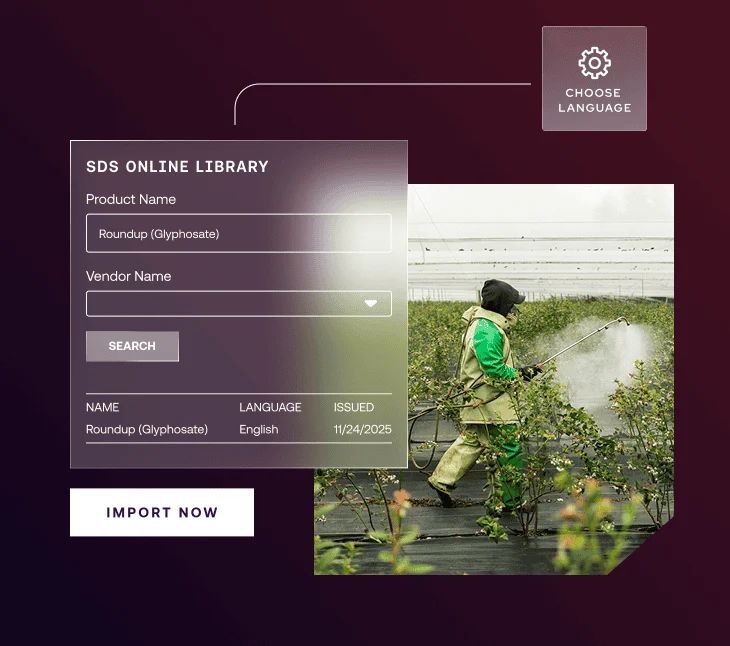 A person in protective gear sprays plants in a greenhouse; an interface displays search results for a product called Roundup (Glyphosate) in an SDS online library.