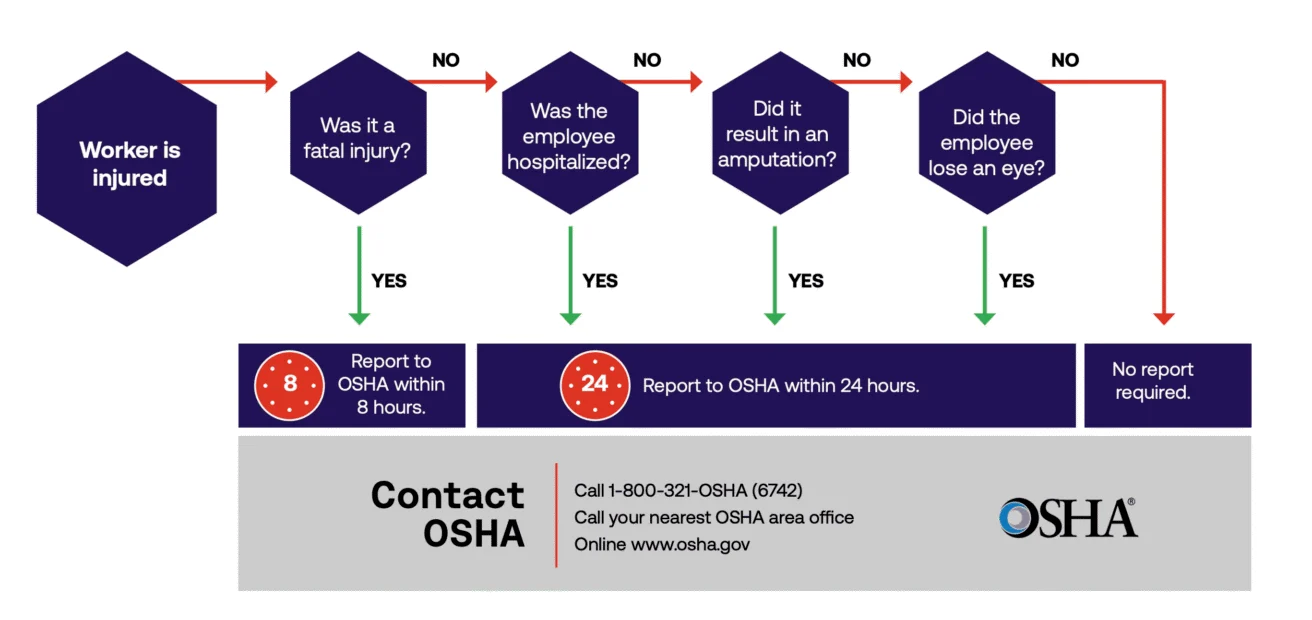 Flowchart outlining when to report a workplace injury to OSHA, detailing scenarios for fatal injuries, hospitalization, amputation, and eye loss, with reporting timelines and contact information.