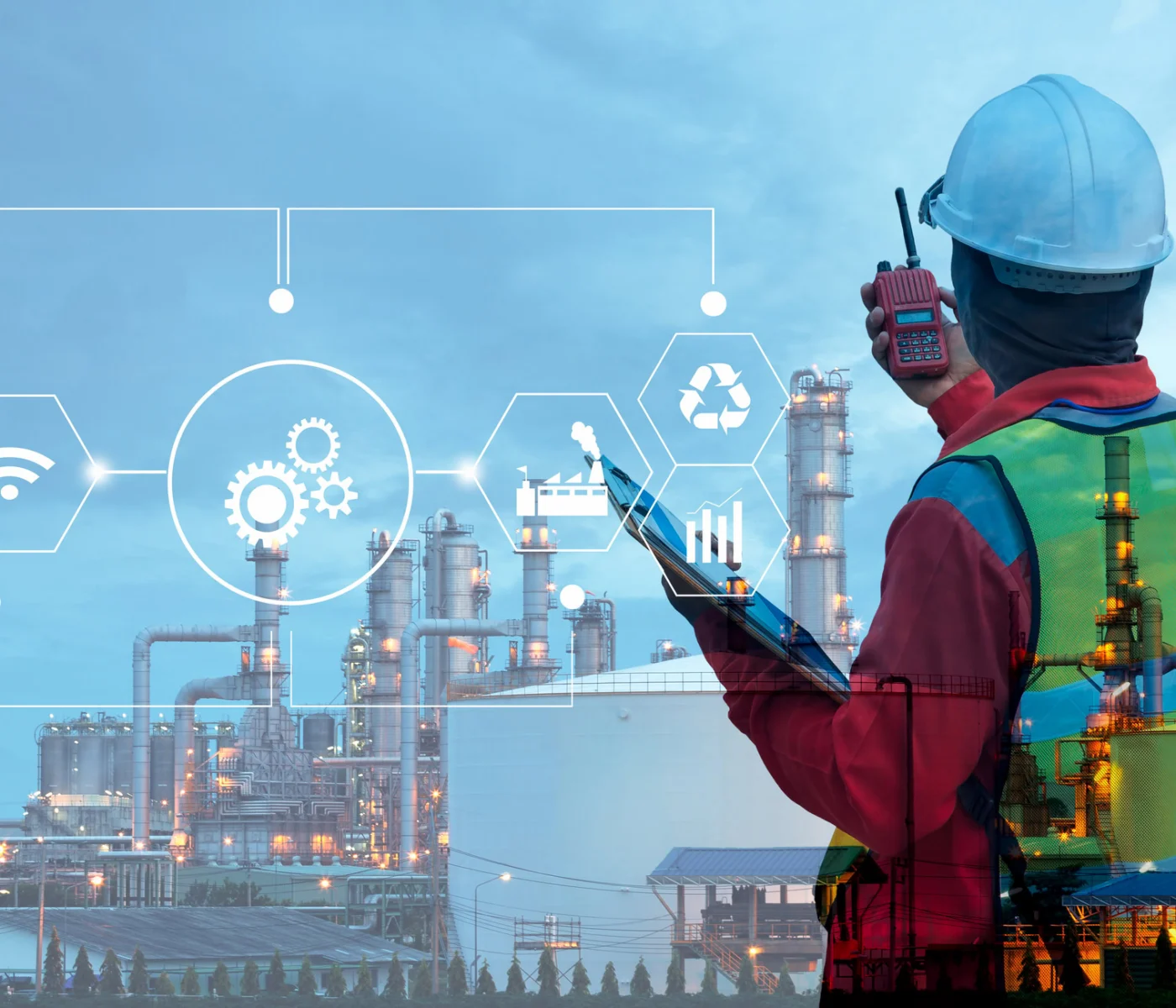 Double exposure of technician engineer with safety helmet with oil refinery industry plant background