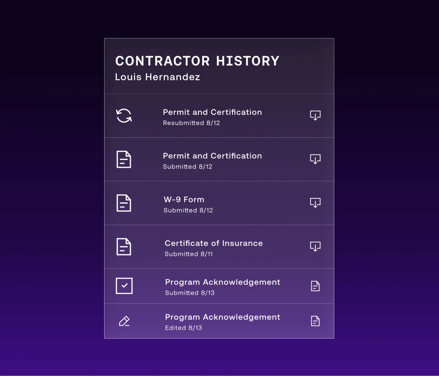 Contractor Management Profile - history