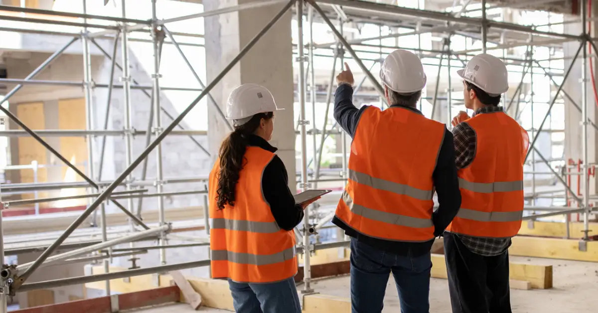 Three construction workers in safety vests and helmets stand indoors, surrounded by scaffolding. One person points ahead while another holds a clipboard, possibly preparing for a Behavior Based Safety pop quiz to ensure everyone is following the proper protocols.