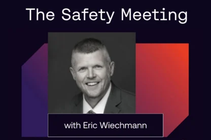 A grayscale portrait of a man in a suit is centered below the text “The Safety Meeting” and above a label that reads “with Eric Wiechmann” on a geometric background.