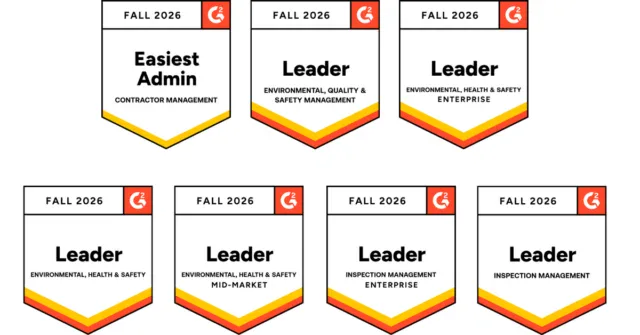 Seven G2 Fall 2026 award badges for contractor management and various environmental, health, safety, and inspection management leadership categories, including enterprise and mid-market.