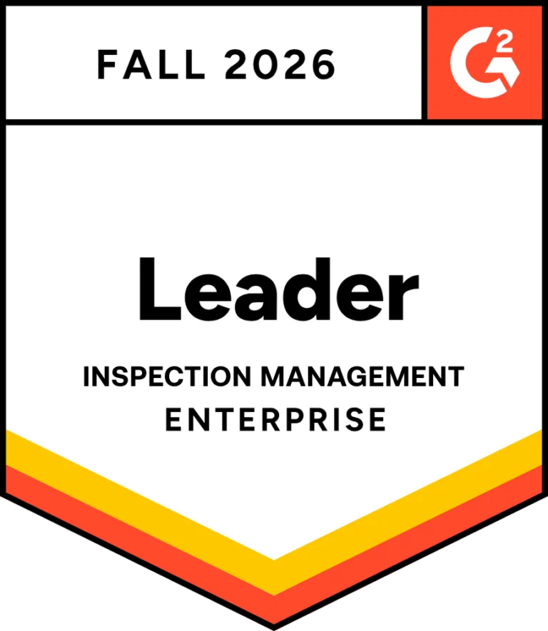 G2 badge for Fall 2026 naming a Leader in Inspection Management for Enterprise, with a red and yellow border.