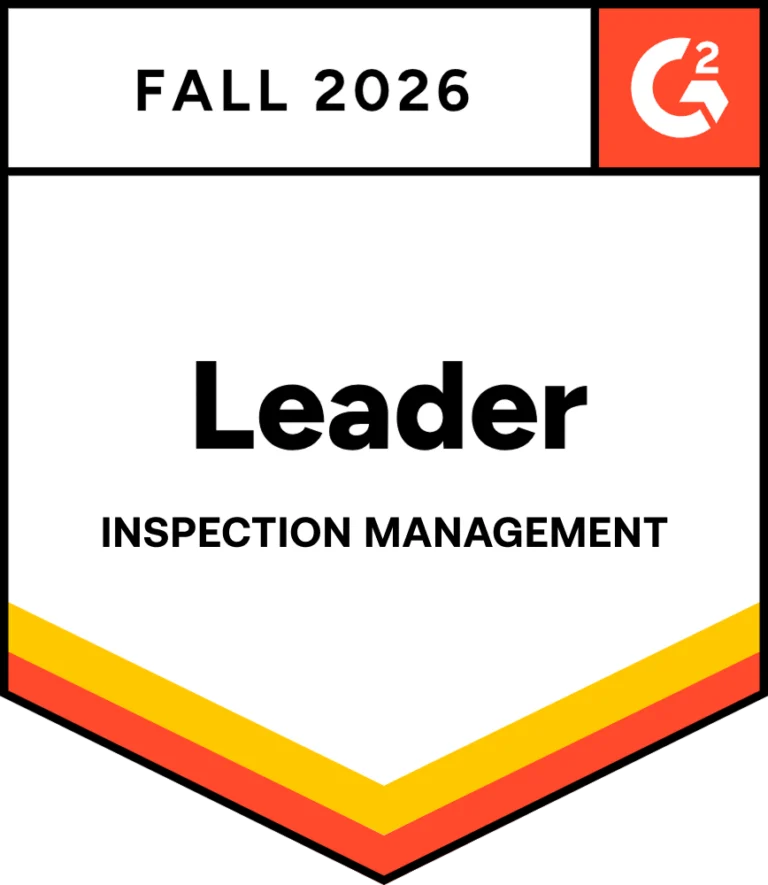 G2 badge for Fall 2026 awarding “Leader” status in Inspection Management, featuring a red and yellow chevron design at the bottom.