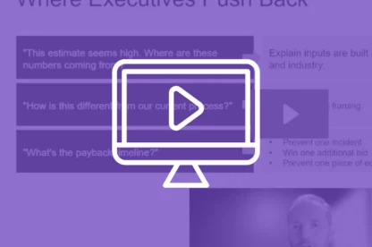 A paused webinar shows a slide titled “Where Executives Push Back” with a presenter visible in the lower right corner and a play icon overlay on the screen.