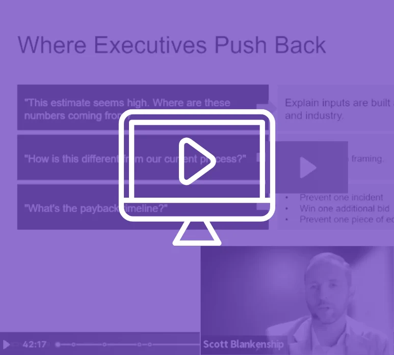 A paused webinar shows a slide titled “Where Executives Push Back” with a presenter visible in the lower right corner and a play icon overlay on the screen.