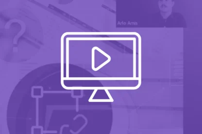 A computer monitor icon with a play button is centered over a purple-tinted background showing charts and a video call with a man in the corner.