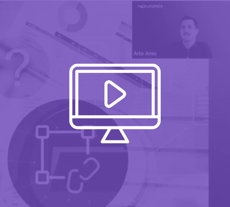 A computer monitor icon with a play button is centered over a purple-tinted background showing charts and a video call with a man in the corner.
