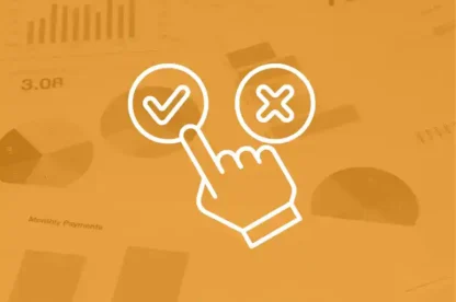 A hand icon points to a checkmark circle next to an X circle, overlaid on faded charts and graphs with an orange filter.