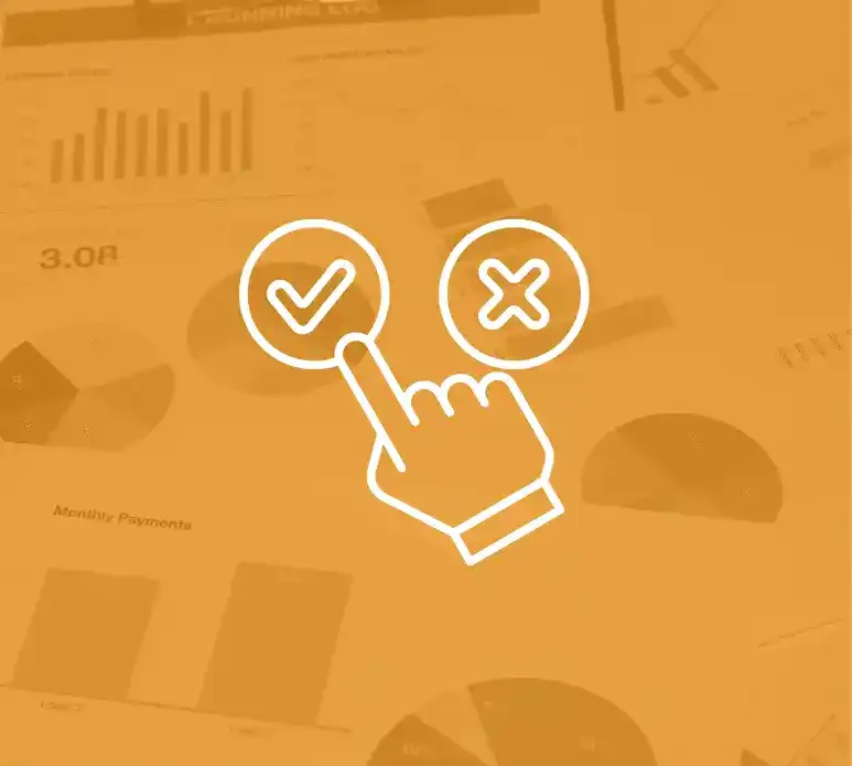 A hand icon points to a checkmark circle next to an X circle, overlaid on faded charts and graphs with an orange filter.
