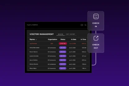 Novara visitor management dashboard showing a list of personnel with their organization, status, date, and check-in time, alongside two floating buttons for Check In and Check Out.